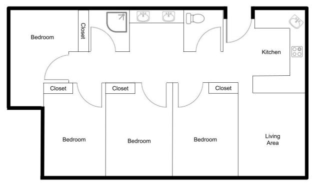 Floorplan showing 4 bedrooms, bathroom, kitchen and living room