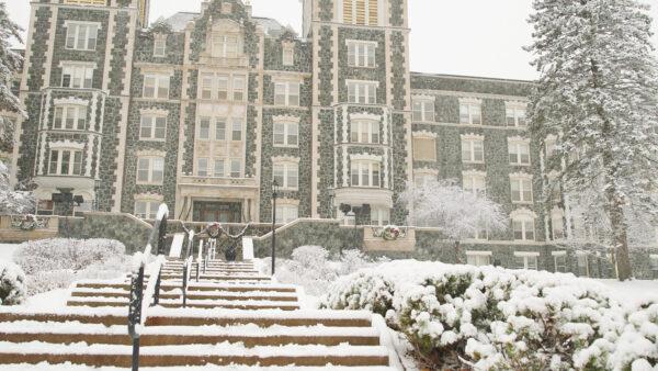 Tower Hall main entrance view on a snow day.
