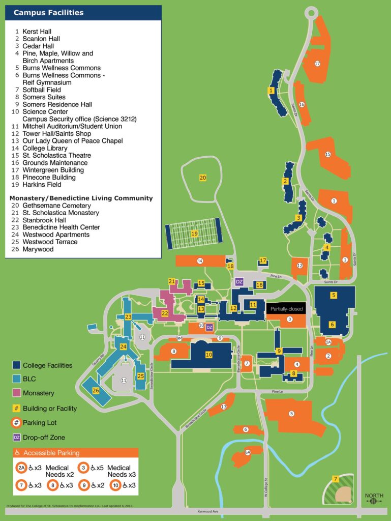 Current Campus Parking Map, showing a partial closure in the Mitchell Auditorium Lot.