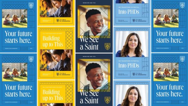 Samples of the new St.Scholastica brand look.