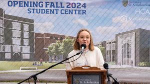 Emma Mishke, Student Trustee, speaks at the ceremony on Friday.