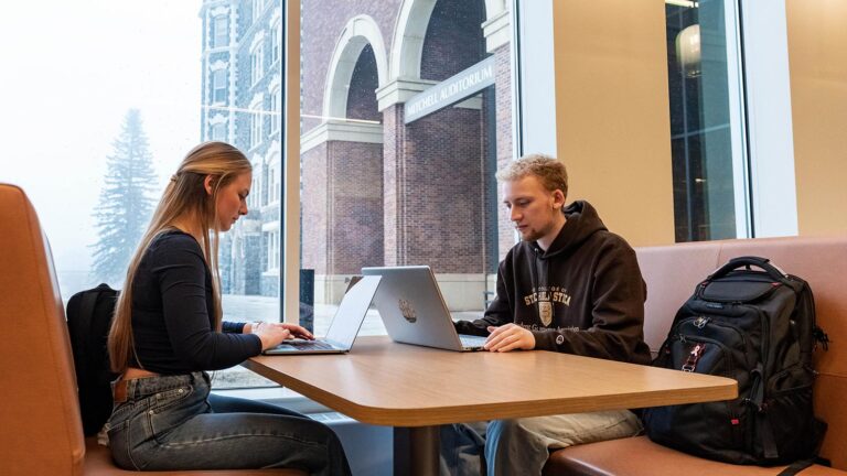 Two students study together in the student center.