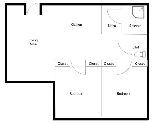 Floorplan showing 2 bedrooms, bathroom, kitchen and living room.