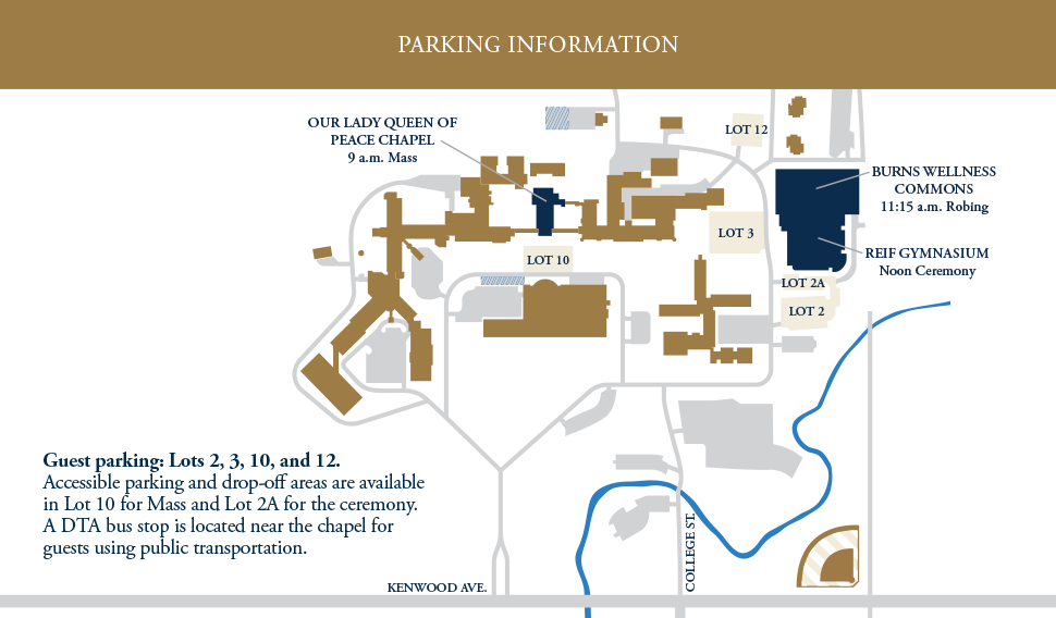 Map illustrating the available parking and ceremony locations for the St. Scholastica Presidential Inauguration.