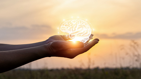 Hands holding a stylized brain bathed in light.