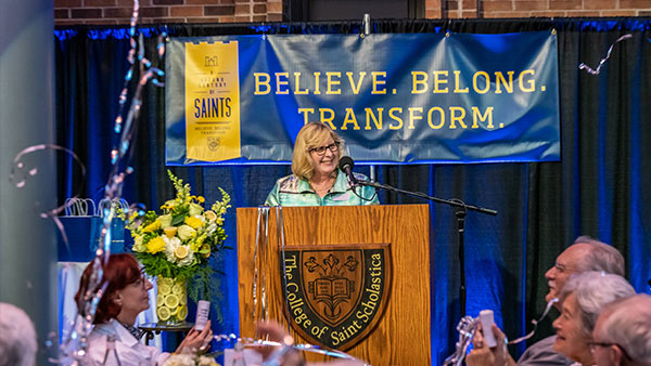 Photo of President McDonald speaking at the College's campaign celebration