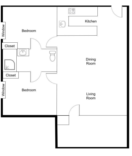 Floor plan showing 2 bedrooms, bathroom, kitchen, dining/living room and balcony.