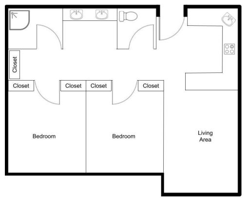 Floor plan showing 2 bedrooms, bathroom, kitchen and living room