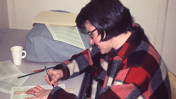 Sr. Mary Odile Cahoon at her desk in the biolab at McMurdo Station, Antarctica