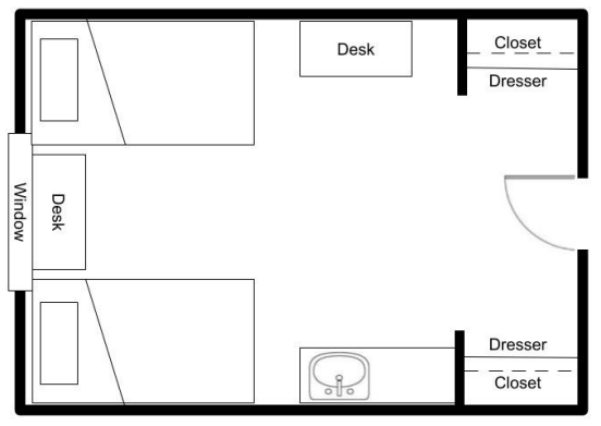 Floor plan showing 2 beds, closets, desks, and a sink.
