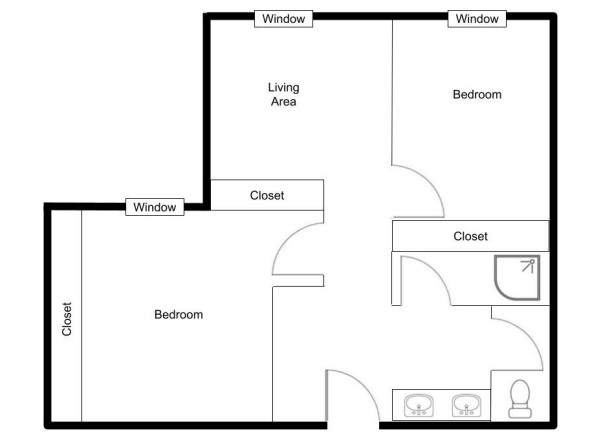 Floorplan showing 2 bedrooms, a bathroom and living area