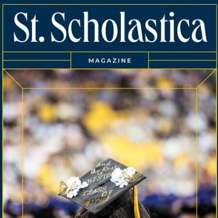 The Front Cover of the Spring 2025 edition of the St. Scholastica Magazine, picturing the back of a graduating student's cap.