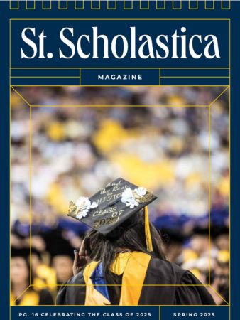 The Front Cover of the Spring 2025 edition of the St. Scholastica Magazine, picturing the back of a graduating student's cap.