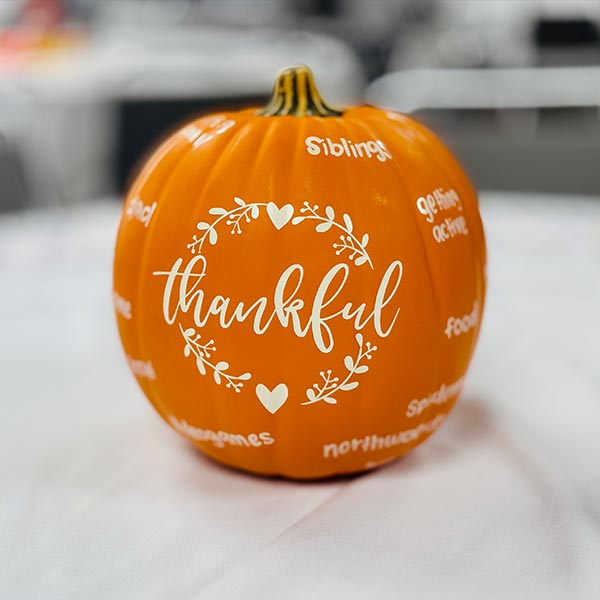 Photo of a Thanksgiving pumpkin decoration.