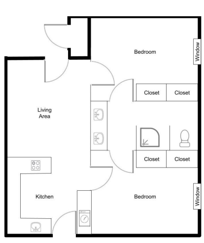 Floor plan showing 2 bedrooms, bathroom, kitchen and living room