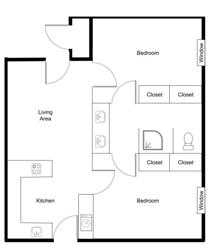 Floorplan showing 2 bedrooms, bathroom, kitchen and living room