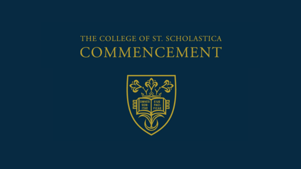 Navy blue graphic with gold text "The College of St. Scholastica commencement" and official College shield.