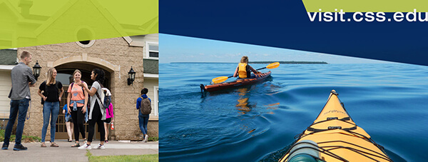 Students in front of the apartments on the Duluth campus and two students kayaking on Lake Superior