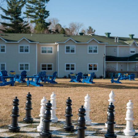 Exterior chess board outside of St. Scholastica's Cedar Hall.