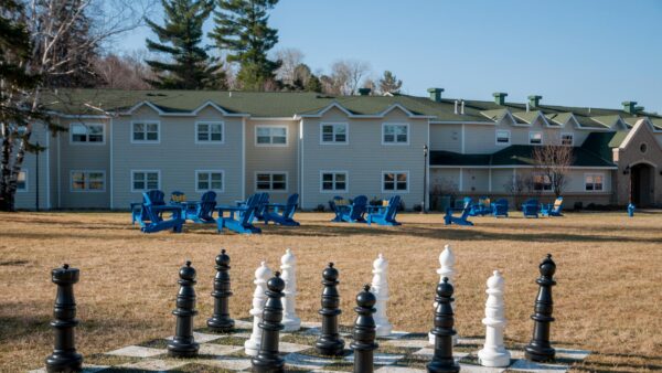 Exterior chess board outside of St. Scholastica's Cedar Hall.