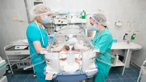 A children's doctor stands with a box for newborns in a children's hospital.