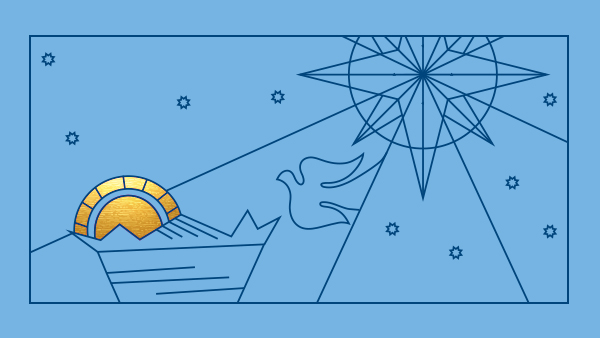 Christmas card graphic, featuring navy line work.