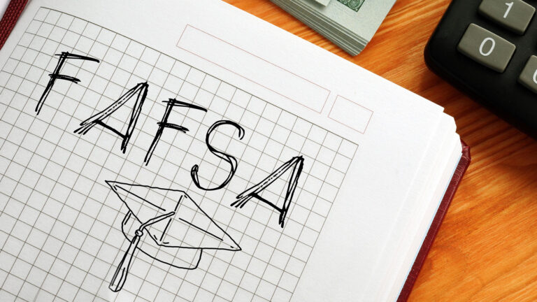 Free Application for Federal Student Aid (FAFSA) image with characters sitting on and by the word.