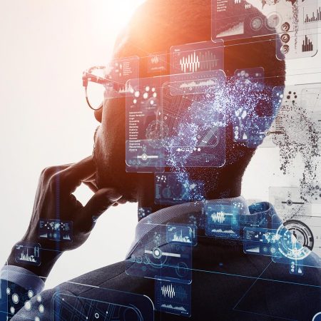 Data stream graphic flowing over a person's photograph.