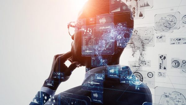 Data stream graphic flowing over a person's photograph.