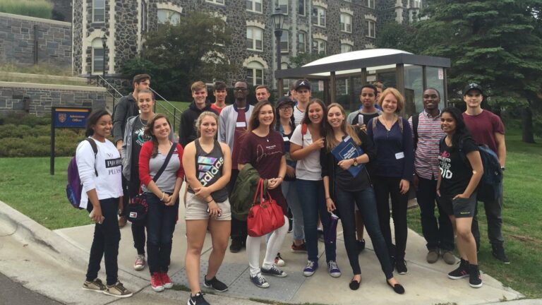 Group of international students on the Duluth campus during orientation.