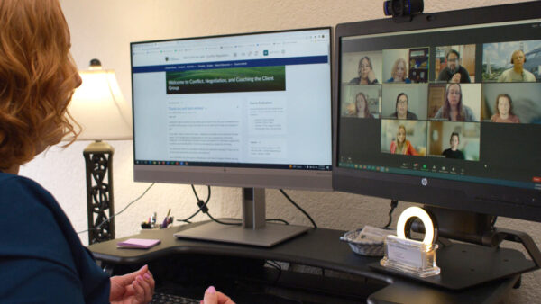 Professor Dawn Johnson teaching an MBA course to St. Scholastica students.