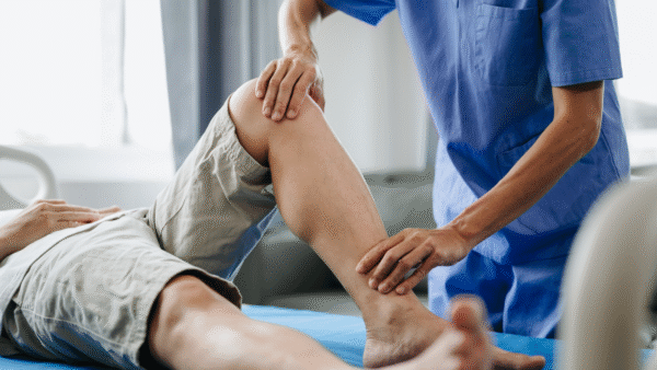 Close up of Physiotherapist working with patient on the bed.
