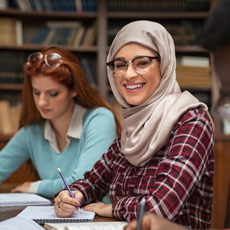 Students studying in a library