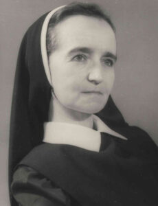 A black and white portrait of Sister Constantina Kákonyi.