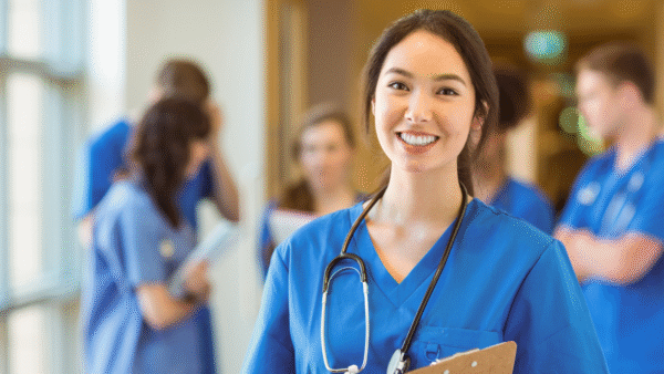 Smiling medical student in blue scrubs.