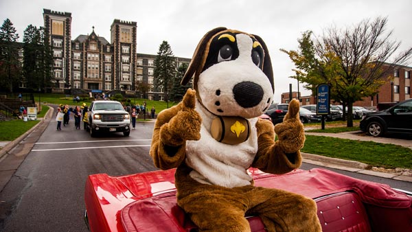 St. Scholastica's mascot, Storm, riding in a car at the parade.