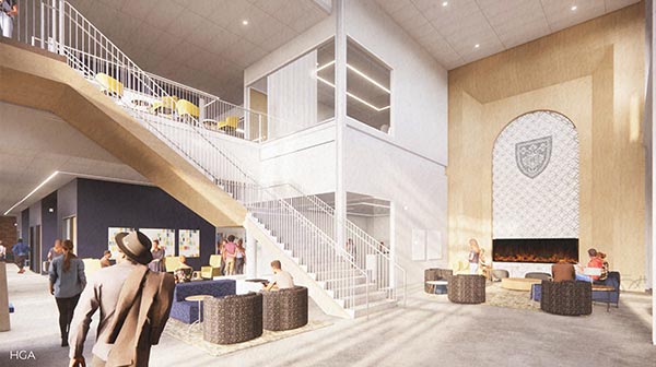 Student Center render of the Living Room and Stairs.