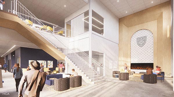 Student Center render of the Living Room and Stairs.