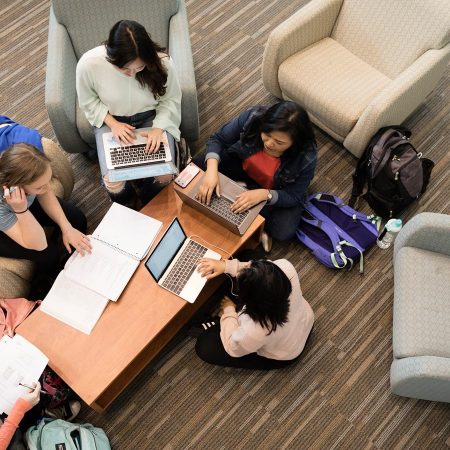 Students studying in the Benedictine Commons at St. Scholastica.