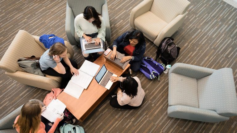 Students studying in the Benedictine Commons at St. Scholastica.