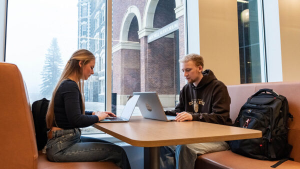 Two students studying on laptops in the Student Center on the Duluth main campus.