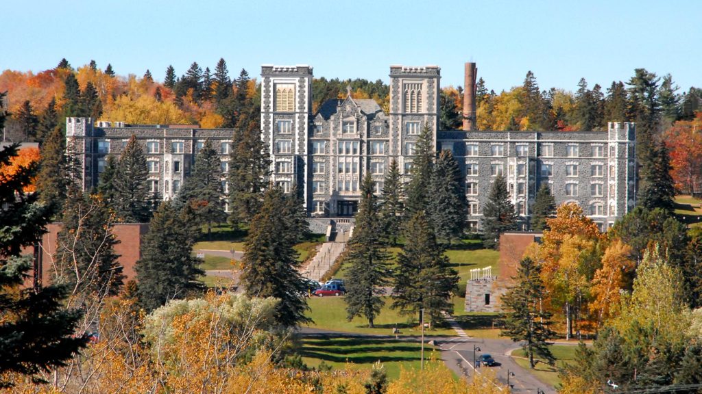 Aerial view of Tower Hall in the fall.