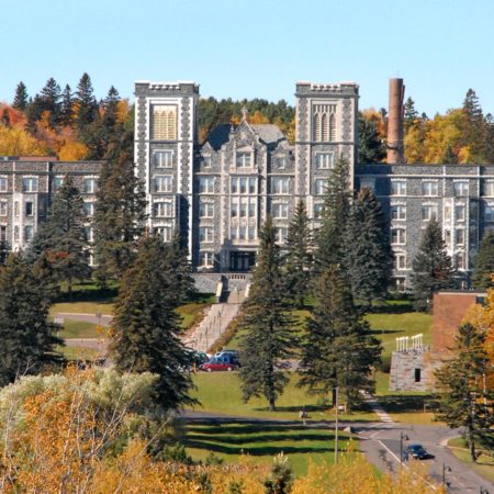 Aerial view of Tower Hall in the fall.