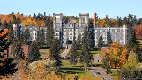 Aerial view of Tower Hall in the fall.