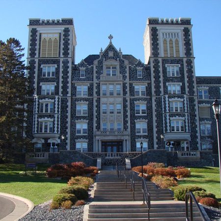 The front of Tower Hall in the summer.