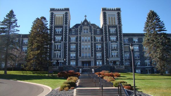 The front of Tower Hall in the summer.