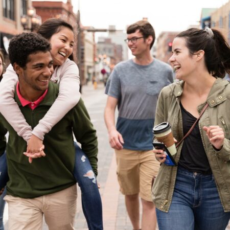 St. Scholastica students walking in downtown Duluth.