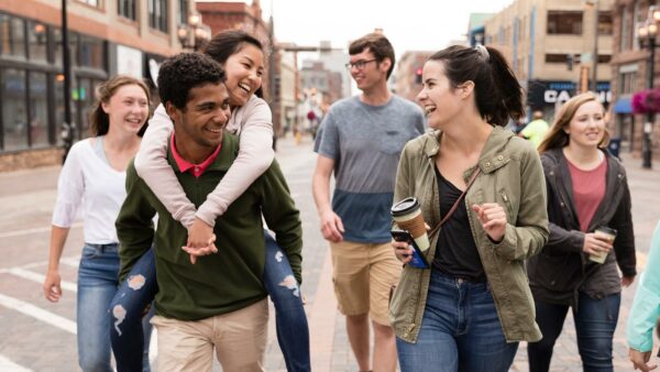 St. Scholastica students walking in downtown Duluth.