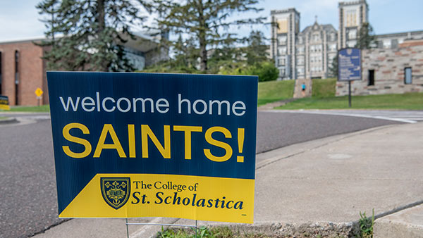 Welcome home sign in front of Tower hall